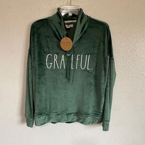 Rae Dunn GRATEFUL Cowl Neck Sweatshirt Dark Cedar
